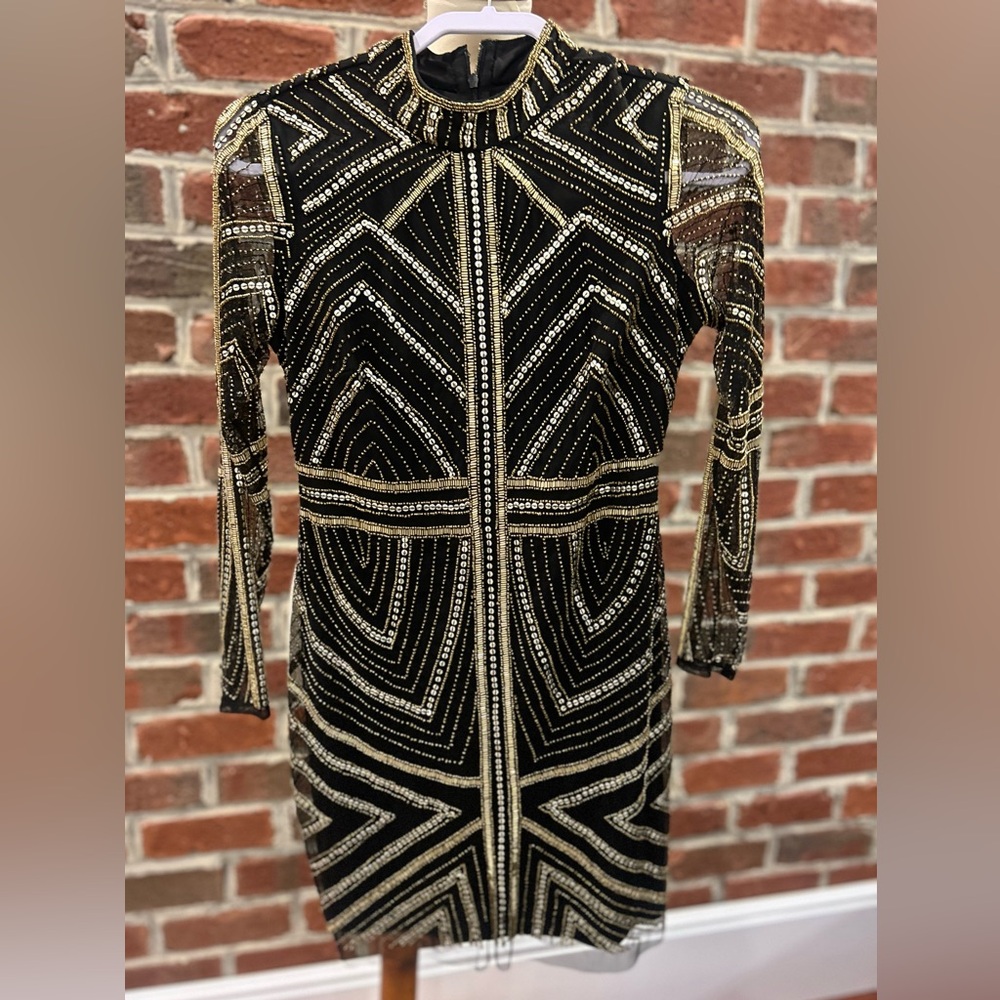 Cocktail dress, sequins, long sleeve, black and gold mini dress size 4